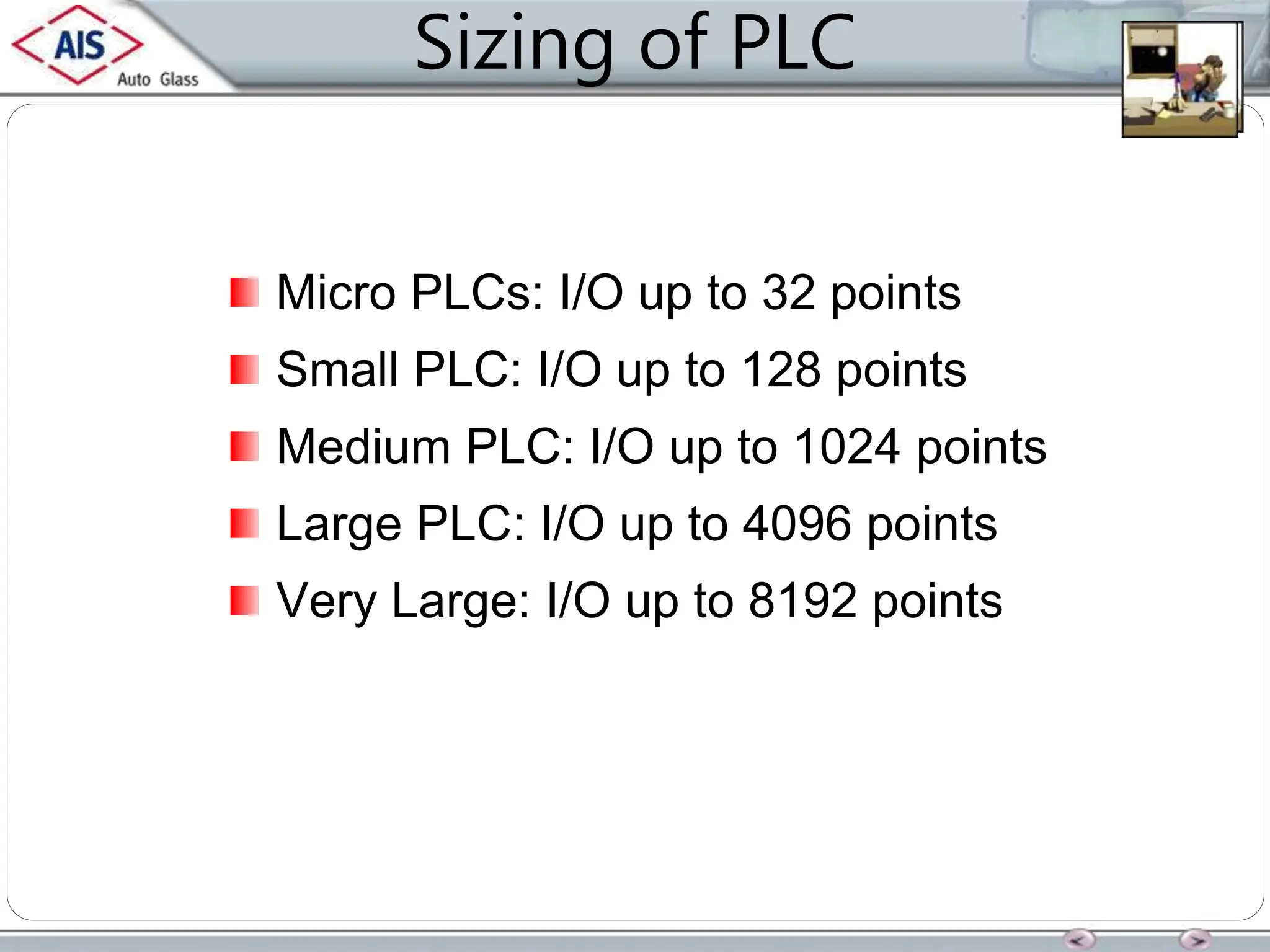 Sizing of PLC
Micro PLCs: I/O up to 32 points
Small PLC: I/O up to 128 points
Medium PLC: I/O up to 1024 points
Large PLC: I/O up to 4096 points
Very Large: I/O up to 8192 points
 