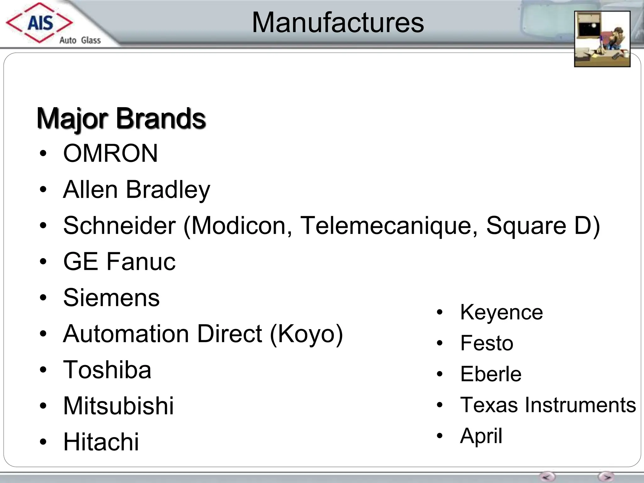 Manufactures
• OMRON
• Allen Bradley
• Schneider (Modicon, Telemecanique, Square D)
• GE Fanuc
• Siemens
• Automation Direct (Koyo)
• Toshiba
• Mitsubishi
• Hitachi
• Keyence
• Festo
• Eberle
• Texas Instruments
• April
Major Brands
 