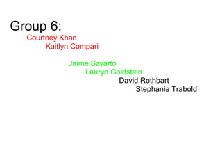 Group 6:            Courtney Khan                   Kaitlyn Compari                                    Jaime Szyarto                                      Lauryn Goldstein                                                      David Rothbart                                                               Stephanie Trabold   