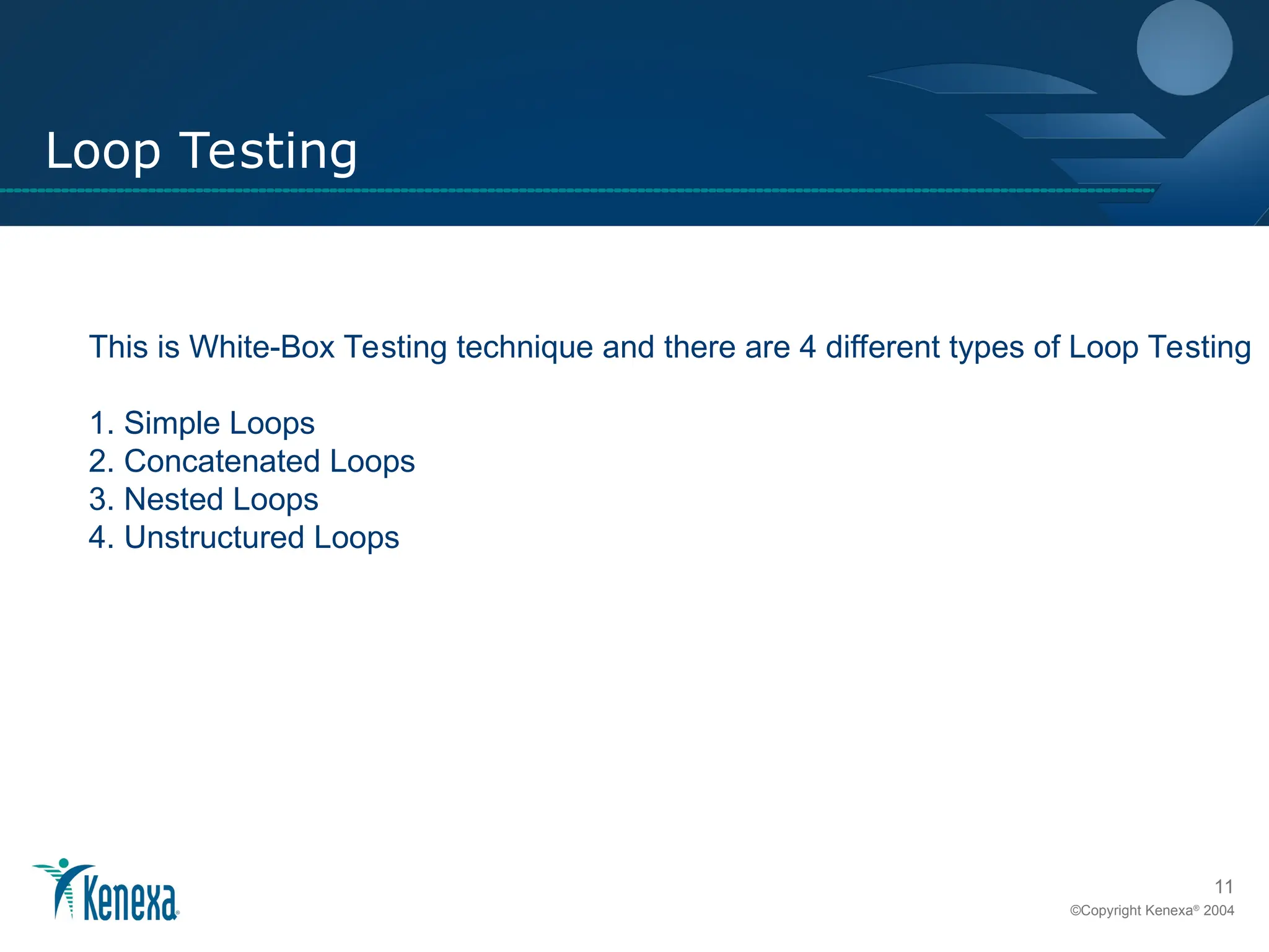11
©Copyright Kenexa®
2004
Loop Testing
This is White-Box Testing technique and there are 4 different types of Loop Testing
1. Simple Loops
2. Concatenated Loops
3. Nested Loops
4. Unstructured Loops
 