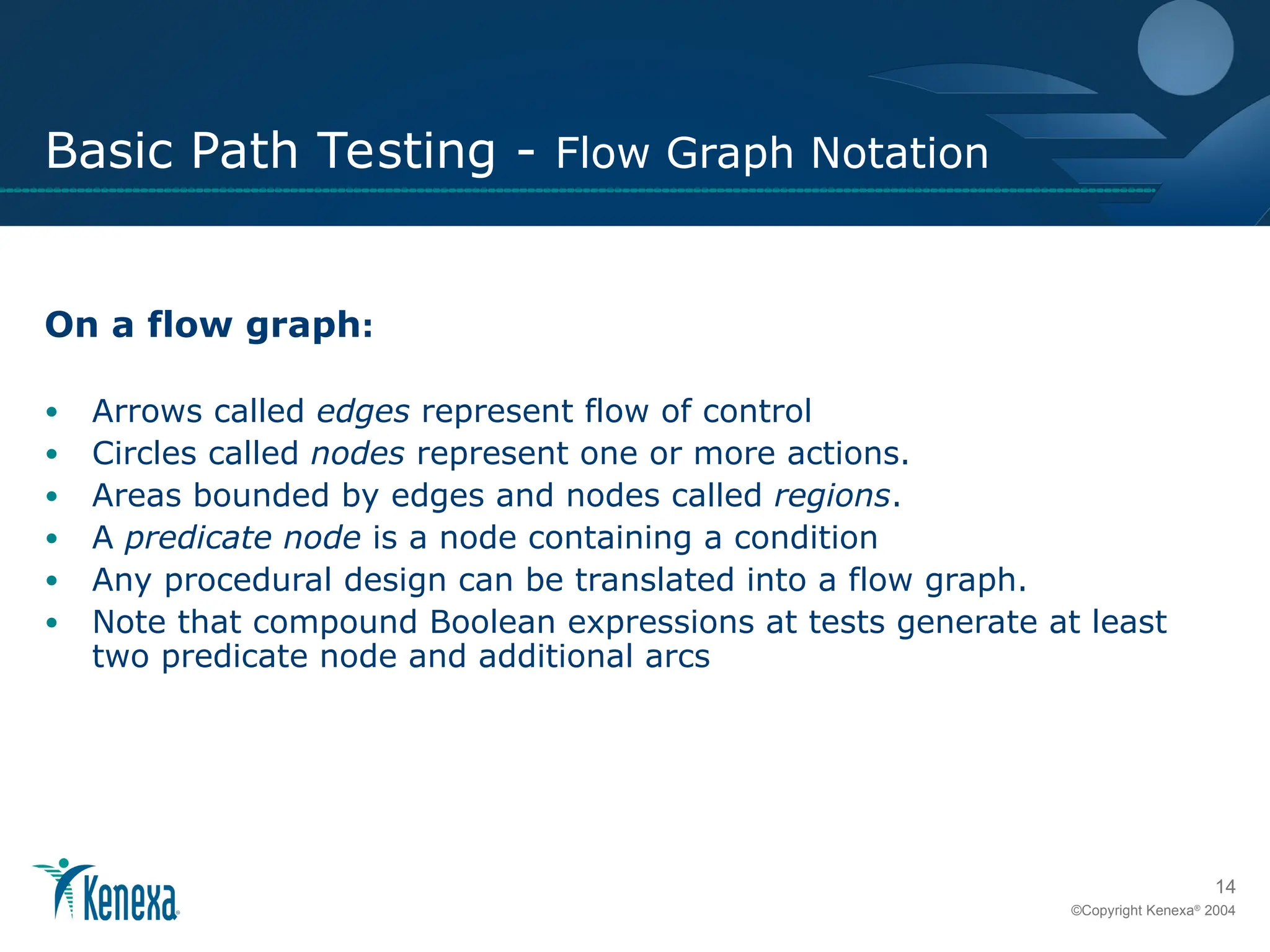 14
©Copyright Kenexa®
2004
Basic Path Testing - Flow Graph Notation
On a flow graph:
• Arrows called edges represent flow of control
• Circles called nodes represent one or more actions.
• Areas bounded by edges and nodes called regions.
• A predicate node is a node containing a condition
• Any procedural design can be translated into a flow graph.
• Note that compound Boolean expressions at tests generate at least
two predicate node and additional arcs
 