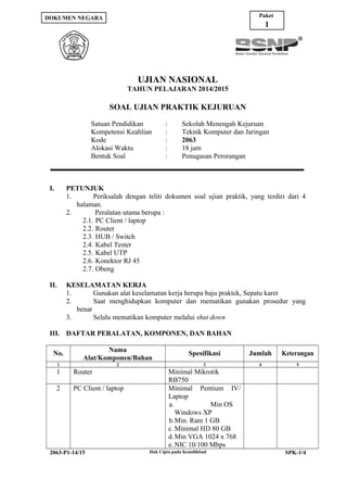 UJIAN NASIONAL
TAHUN PELAJARAN 2014/2015
SOAL UJIAN PRAKTIK KEJURUAN
Satuan Pendidikan : Sekolah Menengah Kejuruan
Kompetensi Keahlian : Teknik Komputer dan Jaringan
Kode : 2063
Alokasi Waktu : 18 jam
Bentuk Soal : Penugasan Perorangan
I. PETUNJUK
1. Periksalah dengan teliti dokumen soal ujian praktik, yang terdiri dari 4
halaman.
2. Peralatan utama berupa :
2.1. PC Client / laptop
2.2. Router
2.3. HUB / Switch
2.4. Kabel Tester
2.5. Kabel UTP
2.6. Konektor RJ 45
2.7. Obeng
II. KESELAMATAN KERJA
1. Gunakan alat keselamatan kerja berupa baju praktek, Sepatu karet
2. Saat menghidupkan komputer dan mematikan gunakan prosedur yang
benar
3. Selalu mematikan komputer melalui shut down
III. DAFTAR PERALATAN, KOMPONEN, DAN BAHAN
No.
Nama
Alat/Komponen/Bahan
Spesifikasi Jumlah Keterangan
1 2 3 4 5
1 Router Minimal Mikrotik
RB750
2 PC Client / laptop Minimal Pentium IV/
Laptop
a. Min OS
Windows XP
b.Min. Ram 1 GB
c. Minimal HD 80 GB
d.Min VGA 1024 x 768
e. NIC 10/100 Mbps
2063-P1-14/15 Hak Cipta pada Kemdikbud SPK-1/4
Paket
1
DOKUMEN NEGARA
 