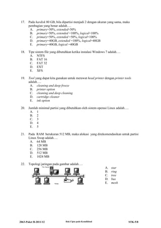 2063-Paket B-2011/12 Hak Cipta pada Kemdikbud STK-5/8
17. Pada hardisk 80 GB, bila dipartisi menjadi 2 dengan ukuran yang sama, maka
pembagian yang benar adalah….
A. primary=50%, extended=50%
B. primary=50%, extended =100%, logical=100%
C. primary=50%, extended =50%, logical=100%
D. primary=40GB, extended =100%, logical=40GB
E. primary=40GB, logical =40GB
18. Tipe sistem file yang dibutuhkan ketika instalasi Windows 7 adalah….
A. NTFS
B. FAT 16
C. FAT 32
D. EXT
E. XFS
19. Tool yang dapat kita gunakan untuk merawat head printer dengan printer tools
adalah….
A. cleaning and deep freeze
B. printer option
C. cleaning and deep cleaning
D. cartridge cleaner
E. ink option
20. Jumlah minimal partisi yang dibutuhkan oleh sistem operasi Linux adalah….
A. 1
B. 2
C. 3
D. 4
E. 5
21. Pada RAM berukuran 512 MB, maka alokasi yang direkomendasikan untuk partisi
Linux Swap adalah….
A. 64 MB
B. 128 MB
C. 256 MB
D. 512 MB
E. 1024 MB
22. Topologi jaringan pada gambar adalah….
A. star
B. ring
C. tree
D. bus
E. mesh
 