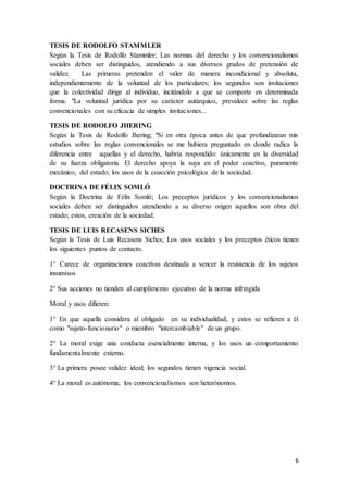 6
TESIS DE RODOLFO STAMMLER
Según la Tesis de Rodolfo Stammler; Las normas del derecho y los convencionalismos
sociales deben ser distinguidos, atendiendo a sus diversos grados de pretensión de
validez. Las primeras pretenden el valer de manera incondicional y absoluta,
independientemente de la voluntad de los particulares; los segundos son invitaciones
que la colectividad dirige al individuo, incitándolo a que se comporte en determinada
forma. "La voluntad jurídica por su carácter autárquico, prevalece sobre las reglas
convencionales con su eficacia de simples invitaciones...
TESIS DE RODOLFO JHERING
Según la Tesis de Rodolfo Jhering; "Si en otra época antes de que profundizaran mis
estudios sobre las reglas convencionales se me hubiera preguntado en donde radica la
diferencia entre aquellas y el derecho, habría respondido: únicamente en la diversidad
de su fuerza obligatoria. El derecho apoya la suya en el poder coactivo, puramente
mecánico, del estado; los usos de la coacción psicológica de la sociedad.
DOCTRINA DE FÉLIX SOMLÓ
Según la Doctrina de Félix Somló; Los preceptos jurídicos y los convencionalismos
sociales deben ser distinguidos atendiendo a su diverso origen aquellos son obra del
estado; estos, creación de la sociedad.
TESIS DE LUIS RECASENS SICHES
Según la Tesis de Luis Recasens Siches; Los usos sociales y los preceptos éticos tienen
los siguientes puntos de contacto.
1° Carece de organizaciones coactivas destinada a vencer la resistencia de los sujetos
insumisos
2° Sus acciones no tienden al cumplimento ejecutivo de la norma infringida
Moral y usos difieren:
1° En que aquella considera al obligado en su individualidad, y estos se refieren a él
como "sujeto-funcionario" o miembro "intercambiable" de un grupo.
2° La moral exige una conducta esencialmente interna, y los usos un comportamiento
fundamentalmente externo.
3° La primera posee validez ideal; los segundos tienen vigencia social.
4° La moral es autónoma; los convencionalismos son heterónomos.
 