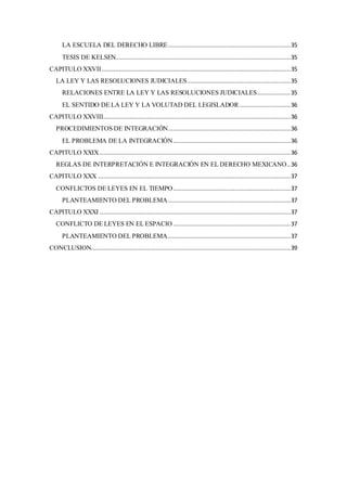 LA ESCUELA DEL DERECHO LIBRE......................................................................35
TESIS DE KELSEN....................................................................................................35
CAPITULO XXVII............................................................................................................35
LA LEY Y LAS RESOLUCIONES JUDICIALES...........................................................35
RELACIONES ENTRE LA LEY Y LAS RESOLUCIONES JUDICIALES...................35
EL SENTIDO DE LA LEY Y LA VOLUTAD DEL LEGISLADOR .............................36
CAPITULO XXVIII...........................................................................................................36
PROCEDIMIENTOS DE INTEGRACIÓN......................................................................36
EL PROBLEMA DE LA INTEGRACIÓN...................................................................36
CAPITULO XXIX .............................................................................................................36
REGLAS DE INTERPRETACIÓN E INTEGRACIÓN EN EL DERECHO MEXICANO..36
CAPITULO XXX ..............................................................................................................37
CONFLICTOS DE LEYES EN EL TIEMPO...................................................................37
PLANTEAMIENTO DEL PROBLEMA......................................................................37
CAPITULO XXXI .............................................................................................................37
CONFLICTO DE LEYES EN EL ESPACIO ...................................................................37
PLANTEAMIENTO DEL PROBLEMA......................................................................37
CONCLUSION..................................................................................................................39
 