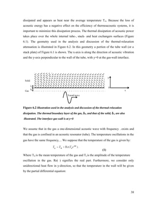 dissipated and appears as heat near the average temperature Tm. Because the loss of
acoustic energy has a negative effect on the efficiency of thermoacoustic systems, it is
important to minimize this dissipation process. The thermal dissipation of acoustic power
takes place over the whole internal tube-, stack- and heat exchangers surfaces (Figure
6.1). The geometry used in the analysis and discussion of the thermal-relaxation
attenuation is illustrated in Figure 6.2. In this geometry a portion of the tube wall (or a
stack plate) of Figure 6.1 is shown. The x-axis is along the direction of acoustic vibration
and the y-axis perpendicular to the wall of the tube, with y=0 at the gas-wall interface.
Figure 6.2 Illustration used in the analysis and discussion of the thermal-relaxation
dissipation. The thermal boundary layer of the gas, δk, and that of the solid, δs, are also
illustrated. The interface gas-wall is at y=0
We assume that in the gas a one-dimensional acoustic wave with frequency . exists and
that the gas is confined in an acoustic resonator (tube). The temperature oscillations in the
gas have the same frequency, .. We suppose that the temperature of the gas is given by:
(1)
Where Tm is the mean temperature of the gas and Ta is the amplitude of the temperature
oscillation in the gas. Re( ) signifies the real part. Furthermore, we consider only
unidirectional heat flow in y-direction, so that the temperature in the wall will be given
by the partial differential equation:
38
 