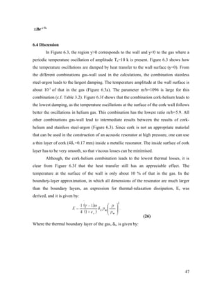 ±Be-y/ δs
6.4 Discussion
In Figure 6.3, the region y>0 corresponds to the wall and y<0 to the gas where a
periodic temperature oscillation of amplitude Ta=10 k is present. Figure 6.3 shows how
the temperature oscillations are damped by heat transfer to the wall surface (y=0). From
the different combinations gas-wall used in the calculations, the combination stainless
steel-argon leads to the largest damping. The temperature amplitude at the wall surface is
about 10-3
of that in the gas (Figure 6.3a). The parameter m/b=1096 is large for this
combination (c.f. Table 3.2). Figure 6.3f shows that the combination cork-helium leads to
the lowest damping, as the temperature oscillations at the surface of the cork wall follows
better the oscillations in helium gas. This combination has the lowest ratio m/b=5.9. All
other combinations gas-wall lead to intermediate results between the results of cork-
helium and stainless steel-argon (Figure 6.3). Since cork is not an appropriate material
that can be used in the construction of an acoustic resonator at high pressure, one can use
a thin layer of cork (4δs =0.17 mm) inside a metallic resonator. The inside surface of cork
layer has to be very smooth, so that viscous losses can be minimised.
Although, the cork-helium combination leads to the lowest thermal losses, it is
clear from Figure 6.3f that the heat transfer still has an appreciable effect. The
temperature at the surface of the wall is only about 10 % of that in the gas. In the
boundary-layer approximation, in which all dimensions of the resonator are much larger
than the boundary layers, an expression for thermal-relaxation dissipation, E, was
derived, and it is given by:
(26)
Where the thermal boundary layer of the gas, δk, is given by:
47
 