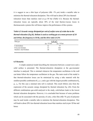 it is suggest to use a thin layer of polyester (4δs =76 µm) inside a metallic tube to
minimize the thermal-relaxation dissipation. This will lead to about 20% less thermal-
relaxation losses than stainless steel at pm=30 bar (Table 6.3). Because the thermal-
relaxation losses are typically about 30% of the total thermo-viscous losses in
thermoacoustic systems this will hence improve the performance of this systems.
Table 6.3 Acoustic energy dissipated per unit of surface area of a tube due to the
thermal relaxation (Eq.26). Helium is used as working gas at a mean pressure of 10
and 30 bar, the frequency is 50 Hz, and the drive ratio is 8.3%
6.5 Remarks
A simple analytical model describing the interaction between a sound wave and a
solid surface is presented. The thermal-relaxation dissipation at the gas-resonator
interface is analyzed. This is minimal whenever the temperature oscillations in the wall
can better follow the temperature oscillations in the gas. The main result of the model is
that thermal-relaxation losses can be minimized by using a tube material with the
smallest possible combination Ks ρs cs and a gas with the largest possible combination Kg
ρg cp. For this case a minimal ratio m/b is realized. This result follows also from the
expression of the acoustic energy dissipated by thermal relaxation Eq. (26). From the
different combinations gas-solid analyzed in the study, cork-helium leads to the lowest
thermal relaxation dissipation. However, it is concluded that because of some problems
which can be associated with the porosity of cork, a thin film (4δs=76 µm) of polyester
may be used inside a metallic tube to minimize the thermal-relaxation dissipation. This
will lead to about 20% less thermal relaxation losses than stainless steel at pm=30 bar and
hence
49
 