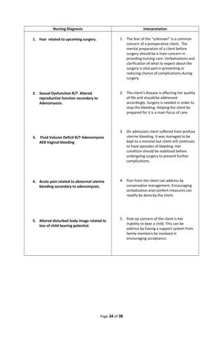Nursing Diagnosis Interpretation
1. Fear related to upcoming surgery.
2. Sexual Dysfunction R/T Altered
reproductive function secondary to
Adenomyosis.
3. Fluid Volume Deficit R/T Adenomyosis
AEB Vaginal bleeding
4. Acute pain related to abnormal uterine
bleeding secondary to adenomyosis.
5. Altered disturbed body image related to
loss of child bearing potential.
1. The fear of the “unknown” is a common
concern of a preoperative client. The
mental preparation of a client before
surgery should be a main concern in
providing nursing care. Verbalizations and
clarification of what to expect about the
surgery is vital part in preventing or
reducing chance of complications during
surgery.
2. The client’s disease is affecting her quality
of life and should be addressed
accordingly. Surgery is needed in order to
stop the bleeding. Helping the client be
prepared for it is a main focus of care.
3. On admission client suffered from profuse
uterine bleeding. It was managed to be
kept to a minimal but client still continues
to have episodes of bleeding. Her
condition should be stabilized before
undergoing surgery to prevent further
complications.
4. Pain from the client can address by
conservative management. Encouraging
verbalization and comfort measures can
readily be done by the client.
5. Post-op concern of the client is her
inability to bear a child. This can be
address by having a support system from
family members be involved in
encouraging acceptance.
Page 34 of 38
 
