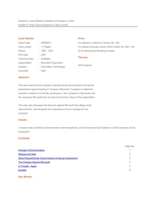 Exhibit III: Laws Related to Welfare of Workers in India
Exhibit IV: Root Cause Analysis for Labor Unrest
Case Details: Price:
Case Code : HROB011 For delivery in electronic format: Rs. 300;
For delivery through courier (within India): Rs. 300 + Rs.
25 for Shipping & Handling Charges
Themes
HR Problems
Case Length : 11 Pages
Period : 1997 - 2001
Pub Date : 2001
Teaching Note : Available
Organization : Microsoft Corporation
Industry : Information Technology
Countries : USA
Abstract:
The case examines the charges of gender/racial discrimination and sexual
harassment against leading IT company Microsoft. It explores in detail the
treatment meted out to female employees in the company's initial years and
the measures Microsoft took to improve the work culture of the organization.
The case also discusses the lawsuits against Microsoft that allege racial
discrimination, and analyzes the implications of such changes for the
company.
Issues:
» Factors that contribute to discrimination and harassment, and the impact of such behavior on the company and its
employees
Contents:
Page No.
Charges of Discrimination 1
Background Note 2
About Racial/Gender Discrimination & Sexual Harassment 3
The Charges Against Microsoft 4
In Trouble - Again 7
Exhibits 9
Key Words:
 