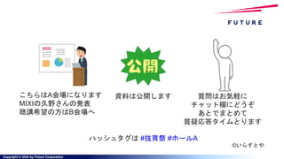 Copyright © 2024 by Future Corporation
こちらはA会場になります
MIXIの久野さんの発表
聴講希望の方はB会場へ
資料は公開します 質問はお気軽に
チャット欄にどうぞ
あとでまとめて
質疑応答タイムとります
©いらすとや
ハッシュタグは #技育祭 #ホールA
 