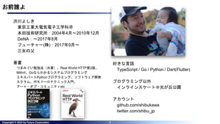 Copyright © 2024 by Future Corporation - 3 -
お前誰よ
渋川よしき
東京工業大電気電子工学科卒
本田技術研究所：2004年4月〜2010年12月
DeNA：〜2017年8月
フューチャー(株)：2017年9月〜
三女の父
著書
つまみぐい勉強法（共著）、Real World HTTP第2版、
Mithril、Goならわかるシステムプログラミング
エキスパートPythonプログラミング、ソフトウェア開発
スクラム、ポモドーロテクニック入門、
アート・オブ・コミュニティetc
好きな言語
TypeScript / Go / Python / Dart(Flutter)
プログラミング以外
インラインスケート＠光が丘公園
アカウント
github.com/shibukawa
twitter.com/shibu_jp
 