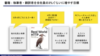 Copyright © 2024 by Future Corporation - 32 -
書籍：執筆者・翻訳者を全社員の3%ぐらいに増やす目標
他の社員と執筆
3/21の締め切り
に向けて
絶賛修正中
4月に第3版
出ます！
原稿校了3/19！
5月-6月ごろにもう一冊！
他の社員＋１で
次の翻訳
キックオフを
3/12に実施
もう1つ
翻訳案件
翻訳権獲得中
メンバー未募集
今フューチャーに入社し
たら参加
間に合うかも？
 