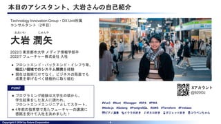 Copyright © 2024 by Future Corporation - 6 -
本日のアシスタント、大岩さんの自己紹介
大岩 潤矢
おおいわ じゅんや
2022/3 東京都市大学 メディア情報学部卒
2022/7 フューチャー株式会社 入社
Technology Innovation Group・DX Unit所属
コンサルタント（2年目）
● フロントエンド・バックエンド・インフラ等、
幅広い領域でのシステム開発を経験
● 現在は技術だけでなく、ビジネスの局面でも
成果を挙げるべく積極的に取り組む
#Vue3 #Nuxt #Swagger #SPA #PWA
#Node.js #Golang #PostgreSQL #AWS #Terraform #Firebase
🎹ピアノ演奏 🍣イクラ大好き 🎵ボカロ好き 📱ガジェット好き 🐧コウペンちゃん
Xアカウント
@920OJ
POINT
★ プログラミング経験は大学生の頃から。
学生起業をした友人に誘われ、
フロントエンドエンジニアとしてスタート。
★ 4年前の技育祭で見たフューチャーの講演に
感銘を受けて入社を決めました！
 