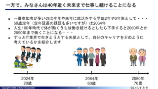 Copyright © 2024 by Future Corporation - 9 -
一方で、みなさんは40年近く未来まで仕事し続けることになる
■ 一番参加者が多いのは今年や来年に就活をする学部2年や3年生として・・・
60歳定年（定年延長の話題も多いですが）は2064年
■ 人生100年時代で体が動くうちは働き続けるとしたら下手すると2080年とか
2090年まで働くことになる・・・
■ ずっとIT業界で生きようとする先輩として、自分のキャリアをどのように
考えているかを紹介します
2024年
20歳
2064年
60歳
2080年
76歳
©いらすとや
 