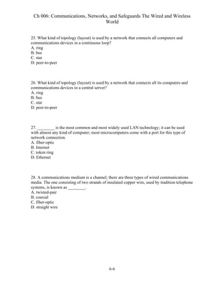 Ch 006: Communications, Networks, and Safeguards The Wired and Wireless
World
6-6
25. What kind of topology (layout) is used by a network that connects all computers and
communications devices in a continuous loop?
A. ring
B. bus
C. star
D. peer-to-peer
26. What kind of topology (layout) is used by a network that connects all its computers and
communications devices to a central server?
A. ring
B. bus
C. star
D. peer-to-peer
27. ________ is the most common and most widely used LAN technology; it can be used
with almost any kind of computer; most microcomputers come with a port for this type of
network connection.
A. fiber-optic
B. Internet
C. token ring
D. Ethernet
28. A communications medium is a channel; there are three types of wired communications
media. The one consisting of two strands of insulated copper wire, used by tradition telephone
systems, is known as ________.
A. twisted-pair
B. coaxial
C. fiber-optic
D. straight wire
 