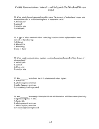 Ch 006: Communications, Networks, and Safeguards The Wired and Wireless
World
6-7
29. What wired channel, commonly used for cable TV, consists of an insulated copper wire
wrapped in a solid or braided shield placed in an external cover?
A. twisted-pair
B. coaxial
C. straight wire
D. fiber-optic
30. A type of wired communications technology used to connect equipment in a home
network is the following:
A. Ethernet
B. HomePNA
C. HomePlug
D. any of these
31. What wired communications medium consists of dozens or hundreds of thin strands of
glass or plastic?
A. twisted-pair
B. coaxial
C. fiber-optic
D. straight wire
32. The ________ is the basis for ALL telecommunications signals.
A. bandwidth
B. electromagnetic spectrum
C. radio-frequency spectrum
D. wireless application protocol
33. The ________ is the range of frequencies that a transmission medium (channel) can carry
in a particular period of time.
A. bandwidth
B. electromagnetic spectrum
C. radio-frequency spectrum
D. wireless application protocol
 