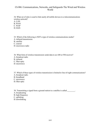 Ch 006: Communications, Networks, and Safeguards The Wired and Wireless
World
6-8
34. What set of rules is used to link nearly all mobile devices to a telecommunications
wireless network?
A. LAN
B. WAN
C. WAP
D. HAN
35. Which of the following is NOT a type of wireless communications media?
A. infrared transmission
B. satellite
C. coaxial
D. microwave radio
36. What form of wireless transmission sends data to an AM or FM receiver?
A. broadcast radio
B. infrared
C. fiber-optic
D. microwave
37. Which of these types of wireless transmission is limited to line-of-sight communications?
A. broadcast radio
B. broadband
C. microwave
D. fiber-optic
38. Transmitting a signal from a ground station to a satellite is called ________.
A. broadcasting
B. high-frequency
C. uplinking
D. downlinking
 