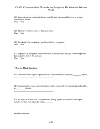 Ch 006: Communications, Networks, and Safeguards The Wired and Wireless
World
6-21
119. Encryption is the process of altering readable data into unreadable form to prevent
unauthorized access.
True False
120. There are two basic types of data encryption.
True False
121. Two kinds of secret keys are used in public key encryption.
True False
122. In public key encryption, only the receiver of an encrypted message knows the private
key needed to decrypt the message.
True False
Fill in the Blank Questions
123. Communications signals represented in a binary electronic format are ________ signals.
________________________________________
124. Signals such as sound and temperature, which continuously vary in strength and quality,
are ________ signals.
________________________________________
125. So they can be sent over a telephone line, analog signals are converted into digital
signals, and then back again, by using ________.
________________________________________
Short Answer Questions
 
