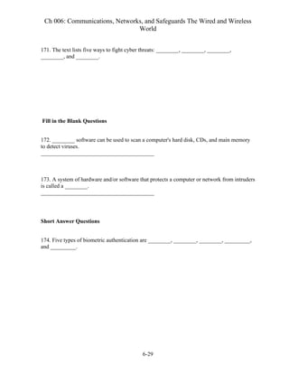 Ch 006: Communications, Networks, and Safeguards The Wired and Wireless
World
6-29
171. The text lists five ways to fight cyber threats: ________, ________, ________,
________, and ________.
Fill in the Blank Questions
172. ________ software can be used to scan a computer's hard disk, CDs, and main memory
to detect viruses.
________________________________________
173. A system of hardware and/or software that protects a computer or network from intruders
is called a ________.
________________________________________
Short Answer Questions
174. Five types of biometric authentication are ________, ________, ________, _________,
and _________.
 