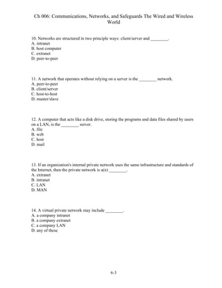 Ch 006: Communications, Networks, and Safeguards The Wired and Wireless
World
6-3
10. Networks are structured in two principle ways: client/server and ________.
A. intranet
B. host computer
C. extranet
D. peer-to-peer
11. A network that operates without relying on a server is the ________ network.
A. peer-to-peer
B. client/server
C. host-to-host
D. master/slave
12. A computer that acts like a disk drive, storing the programs and data files shared by users
on a LAN, is the ________ server.
A. file
B. web
C. host
D. mail
13. If an organization's internal private network uses the same infrastructure and standards of
the Internet, then the private network is a(n) ________.
A. extranet
B. intranet
C. LAN
D. MAN
14. A virtual private network may include ________.
A. a company intranet
B. a company extranet
C. a company LAN
D. any of these
 