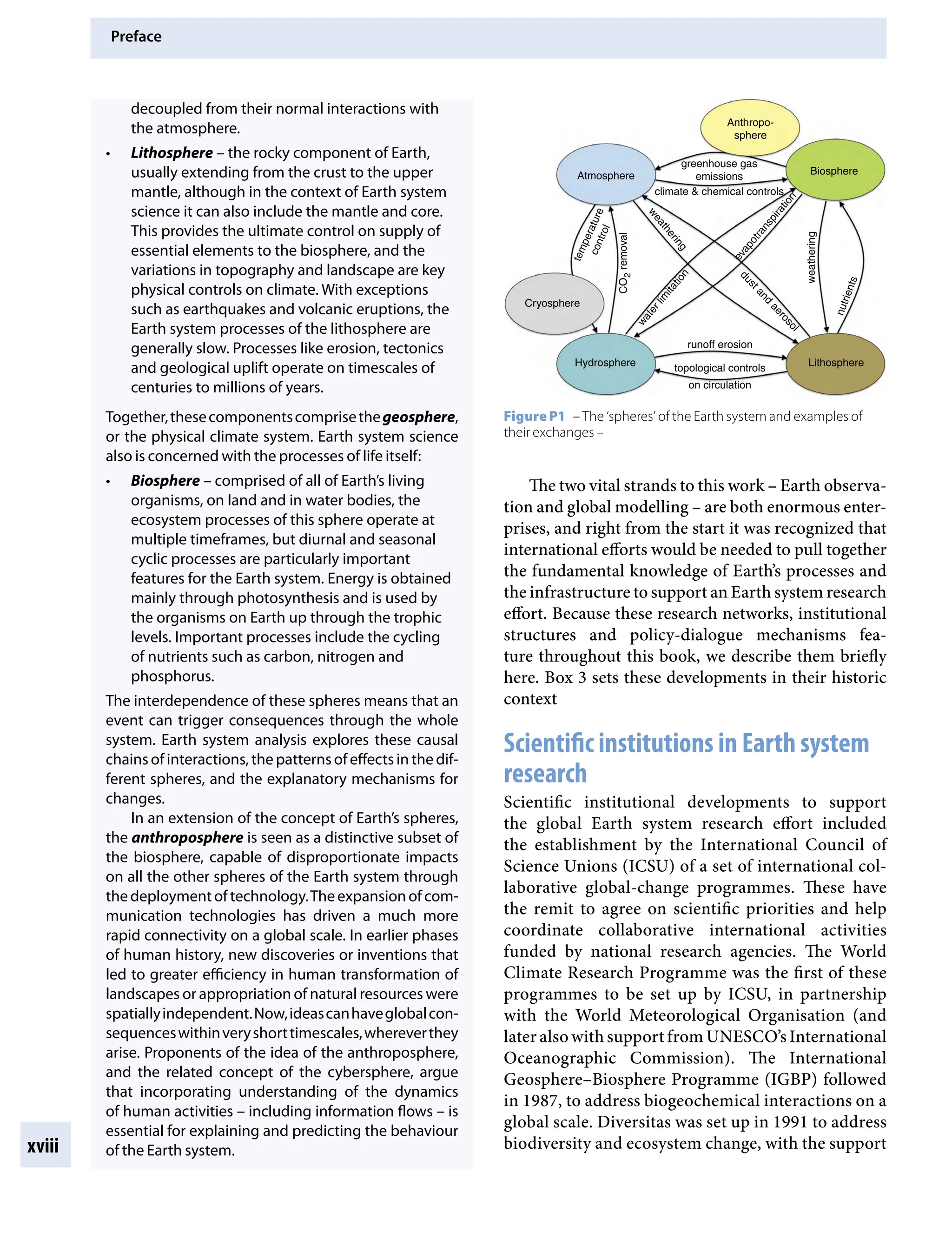 Preface
xviii
decoupled from their normal interactions with
the atmosphere.
• LithosphereÂ€– the rocky component of Earth,
usually extending from the crust to the upper
mantle, although in the context of Earth system
science it can also include the mantle and core.
This provides the ultimate control on supply of
essential elements to the biosphere, and the
variations in topography and landscape are key
physical controls on climate. With exceptions
such as earthquakes and volcanic eruptions, the
Earth system processes of the lithosphere are
generally slow. Processes like erosion, tectonics
and geological uplift operate on timescales of
centuries to millions of years.
Together,thesecomponentscomprisethegeosphere,
or the physical climate system. Earth system science
also is concerned with the processes of life itself:
• BiosphereÂ€– comprised of all of Earth’s living
organisms, on land and in water bodies, the
ecosystem processes of this sphere operate at
multiple timeframes, but diurnal and seasonal
cyclic processes are particularly important
features for the Earth system. Energy is obtained
mainly through photosynthesis and is used by
the organisms on Earth up through the trophic
levels. Important processes include the cycling
of nutrients such as carbon, nitrogen and
phosphorus.
The interdependence of these spheres means that an
event can trigger consequences through the whole
system. Earth system analysis explores these causal
chainsofinteractions,thepatternsofeffectsinthedif-
ferent spheres, and the explanatory mechanisms for
changes.
In an extension of the concept of Earth’s spheres,
the anthroposphere is seen as a distinctive subset of
the biosphere, capable of disproportionate impacts
on all the other spheres of the Earth system through
thedeploymentoftechnology.Theexpansionofcom-
munication technologies has driven a much more
rapid connectivity on a global scale. In earlier phases
of human history, new discoveries or inventions that
led to greater efficiency in human transformation of
landscapes or appropriation of natural resources were
spatiallyindependent.Now,ideascanhaveglobalcon-
sequenceswithinveryshorttimescales,whereverthey
arise. Proponents of the idea of the anthroposphere,
and the related concept of the cybersphere, argue
that incorporating understanding of the dynamics
of human activitiesÂ€– including information flowsÂ€– is
essential for explaining and predicting the behaviour
of the Earth system.
The two vital strands to this workÂ€– Earth observa-
tion and global modellingÂ€– are both enormous enter-
prises, and right from the start it was recognized that
international efforts would be needed to pull together
the fundamental knowledge of Earth’s processes and
the infrastructure to support an Earth system research
effort. Because these research networks, institutional
structures and policy-dialogue mechanisms fea-
ture throughout this book, we describe them briefly
here. Box 3 sets these developments in their historic
context
Scientific institutions in Earth system
research
Scientific institutional developments to support
the global Earth system research effort included
the establishment by the International Council of
Science Unions (ICSU) of a set of international col-
laborative global-change programmes. These have
the remit to agree on scientific priorities and help
coordinate collaborative international activities
funded by national research agencies. The World
Climate Research Programme was the first of these
programmes to be set up by ICSU, in partnership
with the World Meteorological Organisation (and
later also with support from UNESCO’s International
Oceanographic Commission). The International
Geosphere–Biosphere Programme (IGBP) followed
in 1987, to address biogeochemical interactions on a
global scale. Diversitas was set up in 1991 to address
biodiversity and ecosystem change, with the support
Anthropo-
sphere
greenhouse gas
emissions
e
v
a
p
o
t
r
a
n
s
p
i
r
a
t
i
o
n
runoff erosion
CO
2
removal
topological controls
on circulation
Hydrosphere
Cryosphere
Atmosphere
w
a
t
e
r
l
i
m
i
t
a
t
i
o
n
Lithosphere
climate & chemical controls
t
e
m
p
e
r
a
t
u
r
e
c
o
n
t
r
o
l
w
e
a
t
h
e
r
i
n
g
d
u
s
t
a
n
d
a
e
r
o
s
o
l
Biosphere
weathering
n
u
t
r
ie
n
t
s
Figure P1â•‡ – The ‘spheres’ of the Earth system and examples of
their exchangesÂ€–
9781107009363pre_pi-xxvi.indd 18 4/2/2012 6:41:10 PM
 