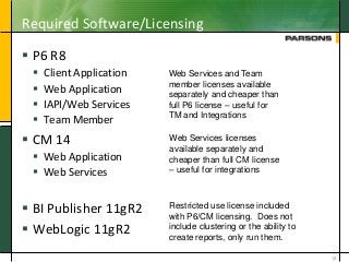 Required Software/Licensing
 P6 R8
 Client Application
 Web Application
 IAPI/Web Services
 Team Member
 CM 14
 Web Application
 Web Services
 BI Publisher 11gR2
 WebLogic 11gR2
13
Web Services and Team
member licenses available
separately and cheaper than
full P6 license – useful for
TM and Integrations
Web Services licenses
available separately and
cheaper than full CM license
– useful for integrations
Restricted use license included
with P6/CM licensing. Does not
include clustering or the ability to
create reports, only run them.
 