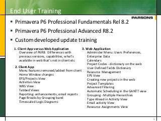 End User Training
 Primavera P6 Professional Fundamentals Rel 8.2
 Primavera P6 Professional Advanced R8.2
 Custom developed update training
15
1. Client App versus Web Application
Overview of P6R8: Differences with
previous versions, capabilities, what's
available in web that’s not in client etc
2. Client App
Menu features removed/added from client
Home Window changes
EPS/Projects View
Activities View
WBS View
Tabbed Views
Reporting: enhancements, email reports
Page Breaks by Grouping band
Timescaled Logic Diagrams
3. Web Application
Administer Menu: Users Preferences,
Enterprise Data
Calendars
Project Codes - dictionary on the web
User Defined Fields Dictionary
Resource Management
EPS View
Creating new projects in the web
Project Templates
Advanced Filtering
Automatic Scheduling in the GANTT view
Grouping - Multiple Hierarchies
Type Ahead in Activity View
Email activity View
Resource Assignments View
 