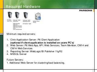 Required Hardware
8
Minimum required servers:
1. Citrix Application Server: P6 Client Application
(optional if client application is installed on users PC’s)
2. Web Server: P6 Web App, API, Web Services, Team Member, CM14 and
CM14 Web Services
3. Reporting Server: WebLogic/BI Publisher 11gR2
4. MSSQL Server
Future Servers:
1. Additional Web Server for clustering/load balancing.
 