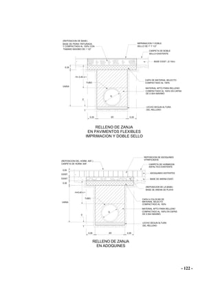 - 122 -
VARIA
2D0.25 0.25
0.20
TAMANO MAXIMO DE 1 1/2"
IMPRIMACION Y DOBLE
TUBO
MATERIAL APTO PARA RELLENO
COMPACTADO AL 100% EN CAPAS
DE 0.30m MAXIMO
LECHO SEGUN ALTURA
DEL RELLENO
RELLENO DE ZANJA
EN PAVIMENTOS FLEXIBLES
IMPRIMACION Y DOBLE SELLO
BASE DE PIDRA TRITURADA.
(REPOSICION DE BASE)
D
H= 0.45 ó >
E
CAPA DE MATERIAL SELECTO
COMPACTADO AL 100%
BASE EXIST. (0.10m)
Y COMPACTADA AL 100% CON SELLO DE 1" Y 1/2"
CARPETA DE BOBLE
SELLO EXISTENTE
VARIA
2D0.25 0.25
0.20
TUBO
MATERIAL APTO PARA RELLENO
COMPACTADO AL 100% EN CAPAS
DE 0.30m MAXIMO.
LECHO SEGUN ALTURA
DEL RELLENO
RELLENO DE ZANJA
EN ADOQUINES
CARPETA DE HORM. ASF.
(REPOSICION DEL HORM. ASF.)
D
H=0.45 ó >
E
MATERIAL SELECTO
COMPACTADO AL 100%
BASE DE ARENA EXIST.
REPOSICION DE ADOQUINES
CARPETA DE HORMIGON
EXIST.
EXIST.
(REPOSICION DE LA BASE)
BASE DE ARENA DE PLAYA
CAPA A COLOCAR DE
0.05
ASFALTICO EXISTENTE
ADOQUINES XISTENTES
VITRIFICADOS
 