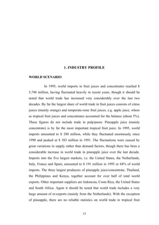 1. INDUSTRY PROFILE
WORLD SCENARIO
In 1995, world imports in fruit juices and concentrates reached $
5,748 million, having fluctuated heavily in recent years, though it should be
noted that world trade has increased very considerably over the last two
decades. By far the largest share of world trade in fruit juices consists of citrus
juices (mainly orange) and temperate-zone fruit juices, e.g. apple juice, where
as tropical fruit juices and concentrates accounted for the balance (about 5%).
These figures do not include trade in pulp/puree. Pineapple juice (mainly
concentrate) is by far the most important tropical fruit juice. In 1995, world
imports amounted to $ 280 million, while they fluctuated enormously since
1990 and peaked at $ 383 million in 1991. The fluctuations were caused by
great variations in supply rather than demand factors, though there has been a
considerable increase in world trade in pineapple juice over the last decade.
Imports into the five largest markets, i.e. the United States, the Netherlands,
Italy, France and Spain, amounted to $ 191 million in 1995 or 68% of world
imports. The three largest producers of pineapple juice/concentrate, Thailand,
the Philippines and Kenya, together account for over half of total world
exports. Other important suppliers are Indonesia, Costa Rica, the United States
and South Africa. Again it should be noted that world trade includes a very
large amount of re-exports (mainly from the Netherlands). With the exception
of pineapple, there are no reliable statistics on world trade in tropical fruit
13
 