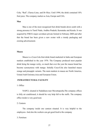 Cola, “Red”, Cherry-Lime, and Dr Slice. Until 1994, the drink contained 10%
fruit juice. The company market as Asia, Europe and USA.
Maa
Maa is one of the most recognized fruit drink brands down south with a
strong presence in Tamil Nadu, Andhra Pradesh, Karnataka and Kerala. It was
acquired by FMCG major cavinkare private limited in February 2008 and after
that the brand has been given a new avatar with a trendy packaging and
existing advertisement.
Maaza
Maaza is a Coca-Cola fruit drink brand marketed in India and European
markets established in the year 1976. The Company produced most popular
drink being the mango verity, so much that over the year the maaza brand has
become synonymous with mango. Initially Coca-Cola also launched maaza
orange and pineapple variants. The main markets in maaza are North America,
United Arab Emirates,Asia and European Union.
INFRASTRUCTURAL FACILITY
1. Office
NAPCL situated in Nadukkara near Muvattupuzha.The company offices
is folly air conditioned, it should be very help full to the staffs. The company
office inside is very good neat.
2. Canteen
The company inside one canteen situated. It is very helpful to the
employees. And also the workers can get good food to the company
3. Furniture
27
 