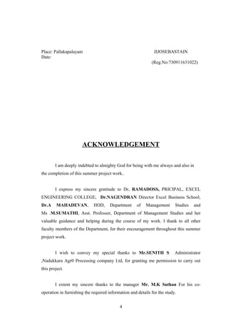 Place: Pallakapalayam JIJOSEBASTAIN
Date:
(Reg.No:730911631022)
ACKNOWLEDGEMENT
I am deeply indebted to almighty God for being with me always and also in
the completion of this summer project work..
I express my sincere gratitude to Dr. RAMADOSS, PRICIPAL, EXCEL
ENGINEERING COLLEGE, Dr.NAGENDRAN Director Excel Business School,
Dr.A MAHADEVAN, HOD, Department of Management Studies and
Ms .M.SUMATHI, Asst. Professor, Department of Management Studies and her
valuable guidance and helping during the course of my work. I thank to all other
faculty members of the Department, for their encouragement throughout this summer
project work.
I wish to convey my special thanks to Mr.SENITH S Administrator
,Nadukkara Agr0 Processing company Ltd, for granting me permission to carry out
this project.
I extent my sincere thanks to the manager Mr. M.K Suthan For his co-
operation in furnishing the required information and details for the study.
4
 