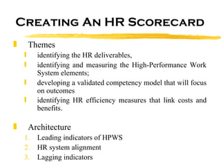 Creating An HR Scorecard Themes identifying the HR deliverables,  identifying and measuring the High-Performance Work System elements;  developing a validated competency model that will focus on outcomes identifying HR efficiency measures that link costs and benefits.   Architecture Leading indicators of HPWS HR system alignment Lagging indicators 