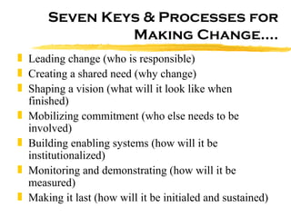 Leading change (who is responsible) Creating a shared need (why change) Shaping a vision (what will it look like when finished) Mobilizing commitment (who else needs to be involved) Building enabling systems (how will it be institutionalized) Monitoring and demonstrating (how will it be measured) Making it last (how will it be initialed and sustained)  Seven Keys & Processes for Making Change…. 