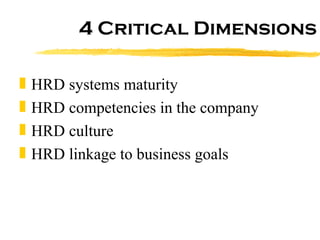 4 Critical Dimensions HRD systems maturity HRD competencies in the company HRD culture HRD linkage to business goals 