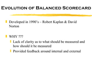 Evolution of Balanced Scorecard Developed in 1990’s – Robert Kaplan & David Norton WHY ??? Lack of clarity as to what should be measured and how should it be measured Provided feedback around internal and external 
