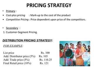 PRICING STRATEGY Primary  : Cost-plus pricing  : Mark-up to the cost of the product Competitive Pricing  : Price dependent upon price of the competitors. Secondary   : 1. Customer-Segment Pricing. DISTRIBUTION PRICING STRATEGY : FOR EXAMPLE : List price  Rs. 100 Add: Distributor price (5%)  Rs. 105 Add: Trade price (5%)  Rs. 110.25 Final Retail price (10%)  Rs. 121 