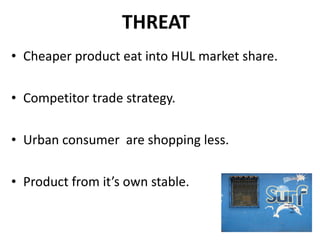 THREAT Cheaper product eat into HUL market share. Competitor trade strategy. Urban consumer  are shopping less. Product from it’s own stable. 