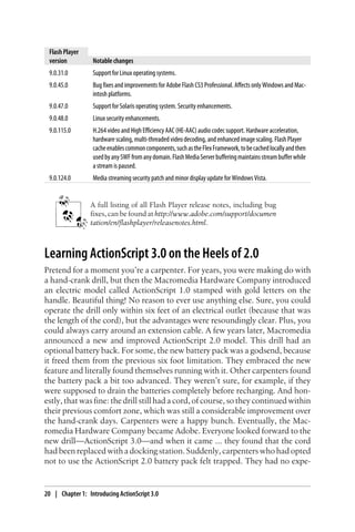 Flash Player
version Notable changes
9.0.31.0 Support for Linux operating systems.
9.0.45.0 Bug fixes and improvements for Adobe Flash CS3 Professional. Affects only Windows and Mac-
intosh platforms.
9.0.47.0 Support for Solaris operating system. Security enhancements.
9.0.48.0 Linux security enhancements.
9.0.115.0 H.264 video and High Efficiency AAC (HE-AAC) audio codec support. Hardware acceleration,
hardware scaling, multi-threaded video decoding, and enhanced image scaling. Flash Player
cacheenablescommoncomponents,suchastheFlexFramework,tobecachedlocallyandthen
usedbyanySWFfromanydomain.FlashMediaServerbufferingmaintainsstreambufferwhile
a stream is paused.
9.0.124.0 Media streaming security patch and minor display update for Windows Vista.
A full listing of all Flash Player release notes, including bug
fixes, can be found at http://www.adobe.com/support/documen
tation/en/flashplayer/releasenotes.html.
Learning ActionScript 3.0 on the Heels of 2.0
Pretend for a moment you’re a carpenter. For years, you were making do with
a hand-crank drill, but then the Macromedia Hardware Company introduced
an electric model called ActionScript 1.0 stamped with gold letters on the
handle. Beautiful thing! No reason to ever use anything else. Sure, you could
operate the drill only within six feet of an electrical outlet (because that was
the length of the cord), but the advantages were resoundingly clear. Plus, you
could always carry around an extension cable. A few years later, Macromedia
announced a new and improved ActionScript 2.0 model. This drill had an
optional battery back. For some, the new battery pack was a godsend, because
it freed them from the previous six foot limitation. They embraced the new
feature and literally found themselves running with it. Other carpenters found
the battery pack a bit too advanced. They weren’t sure, for example, if they
were supposed to drain the batteries completely before recharging. And hon-
estly, that was fine: the drill still had a cord, of course, so they continued within
their previous comfort zone, which was still a considerable improvement over
the hand-crank days. Carpenters were a happy bunch. Eventually, the Mac-
romedia Hardware Company became Adobe. Everyone looked forward to the
new drill—ActionScript 3.0—and when it came ... they found that the cord
had been replaced with a docking station. Suddenly, carpenters who had opted
not to use the ActionScript 2.0 battery pack felt trapped. They had no expe-
20 | Chapter 1: Introducing ActionScript 3.0
 