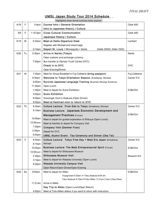 FINAL DRAFT
UMSL Japan Study Tour 2014 Schedule
”Highlighted areas denote business dress required.”
4/18 F 3-4pm Course Intro / General Orientation
Intro to Japanese History / Culture
Clark 400
5/9 F 1:15-3pm Cross Cultural Communication
Japanese History / Culture
Clark 400
5/19 M 6:30am
9:10am
Meet at Delta Departure Desk
Register with Michael and check bags
Depart St. Louis > Minneapolis > Narita (Delta 2505X, Delta 155X)
Lambert
5/20 Tu 5:35pm
7:00pm
Arrive in Narita (Tokyo)
Clear customs and exchange currency
Bus transfer to Olympic Youth Center (OYC)
Check in to OYC
Open Evening/Dinner
Narita
OYC
5/21 W 7:30am
8:30am
9:00am
11:30am
1:30pm
3:00pm
6:00pm
8:00pm
Meet for Group Breakfast in Fuji Cafeteria (bring passport)
Welcome to Tokyo Orientation Session (Eckelkamp, Michael)
Survival Japanese Language Training (Business Nihongo Solutions)
Open Lunch
Meet to depart for Sumo Exhibition
Sumo Exhibition
Scavenger Hunt in Asakusa (Open Dinner)
Meet at Kaminari-mon to return to OYC
Fuji Cafeteria
Center 512
D Bld Ent
5/22 Th 8:30am
9:15am
10:00am
12:00noon
1:30pm
3:30pm
6:00pm
Culture Lecture: From Edo to Tokyo (Eckelkamp, Michael)
Business Lecture: Japanese Economic Development and
Management Practices (Furuya)
Meet to depart for guided exploration of Shibuya (Open Lunch)
Meet at Hachiko to depart for Company Visit
Company Visit (Daimler Fuso)
Depart for OYC
UMSL Alumni Event: Tea Ceremony and Dinner (Oka Tei)
Center 512
D Bld Ent
5/23 F 8:30am
9:15am
10:00am
12:00noon
2:30pm
3:10pm
6:00pm
Culture Lecture: Tokyo Free Day + Meiji Era Japan (Eckelkamp,
Michael)
Business Lecture: The Meiji Entrepreneurial Spirit (Furuya)
Meet to depart for Shibusawa Museum
Shibusawa Museum Visit
Meet to depart for Waseda University (Open Lunch)
Waseda University Campus Visit
Open Return/Open Dinner/Open Evening
Center 512
D Bld Ent
Museum Ent
5/24 Sa 8:00am
11:21am
4:00pm
Meet to depart for Nikko
Yoyogi-koen 8:23am  Tobu Asakusa 8:59 am
Tobu Asakusa 9:10amTobu Nikko 11:21am (Tobu 2-Day Pass)
Arrive in Nikko
Day Trip to Nikko (Open Lunch/Open Return)
Meet at Tobu-Nikko station if you want to return with instructors
D Bld Ent
 
