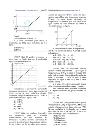 vicenteventura2112@yahoo.com.br   - Lista 206: Calorimetria - vicenteventura.blogspot.com 3

                                                       quando em equilíbrio térmico com esse meio.
                                                       Assim, para calibrar esse termômetro na escala
                                                       Celsius, ele toma como referências as
                                                       temperaturas de fusão do gelo e de ebulição da
                                                       água. Depois de várias medidas, ele obtém a
                                                       curva apresentada na figura.




      Calcule
      a) o calor latente de fusão Lf.
      b) o calor necessário para elevar a
temperatura de 1,5kg dessa substância de 0 a
86°C.
       a) 330 kJ/kg                                A correspondência entre a temperatura T,
       b) 540 kJ                             em °C, e a resistência elétrica R, em Ω, é dada
                                             pela equação
                                                   a) T = 100 x (R – 16) / 6,6.
      UNESP 42e) O gráfico representa a            b) T = 100 x 6,6 / (R – 16).
temperatura em função do tempo de um líquido       c) T = (R – 6,6) / (6,6 x 100).
aquecido em um calorímetro.                        d) T = 100 x (R – 16) / 16.
                                                   e) T = 100 x (R – 6,6) / 16.

                                                             UNESP 19) Um aquecedor elétrico
                                                       fechado contém inicialmente 1 kg de água a
                                                       temperatura de 25ºC e é capaz de fornecer 300
                                                       cal a cada segundo. Desconsiderando perdas de
                                                       calor, e adotando 1 cal/(gºC) para o calor
                                                       específico da água e 540 cal/g para o calor
                                                       latente, calcule
                                                             a) o tempo necessário para aquecer a água
                                                       até o momento em que ela começa a evaporar.
      Considerando-se desprezível a capacidade               b) a massa do vapor formado, decorridos
térmica do calorímetro e que o aquecimento foi         520 s a partir do instante em que o aquecedor foi
obtido através de uma resistência elétrica,            ligado.
dissipando energia à taxa constante de 120 W, a               a) 250s
capacidade térmica do líquido vale                            b) 150g
      (A) 12 J/oC.
      (B) 20 J/oC.                                     UNESP 44d) Uma garrafa térmica possui
      (C) 120 J/oC.                               em seu interior 1,0 kg de água a 80ºC. Meia hora
      (D) 600 J/oC.                               depois, a temperatura da água caiu para 50ºC.
      (E) 1200 J/oC.                              Nessas condições, e lembrando que o calor
                                                  específico da água é 1,0 cal/(gºC), o fluxo de
      UNESP 44A) Um estudante desenvolve calor perdido pela água foi em média de
um      termômetro      para    ser    utilizado       (A) 1,0 cal/min.
especificamente em seus trabalhos de                   (B) 100 cal/min.
laboratório. Sua idéia é medir a temperatura de        (C) 500 cal/min.
um meio fazendo a leitura da resistência elétrica      (D) 1 000 cal/min.
de um resistor, um fio de cobre, por exemplo,          (E) 4 180 cal/min.
 
