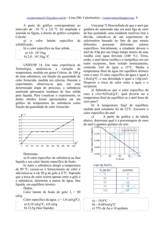 vicenteventura2112@yahoo.com.br   - Lista 206: Calorimetria - vicenteventura.blogspot.com 9

      A parte do gráfico correspondente ao                   Unicamp 7) Desconfiada de que o anel que
intervalo de –10 ºC a 2,0 ºC foi ampliada e            ganhara do namorado não era uma liga de ouro
inserida na figura, à direita do gráfico completo.     de boa qualidade, uma estudante resolveu tirar a
Calcule:                                               dúvida, valendo-se de um experimento de
      a) o calor latente específico de                 calorimetria baseado no fato de que metais
solidificação.                                         diferentes     possuem      diferentes     calores
      b) o calor específico na fase sólida.            específicos. Inicialmente, a estudante deixou o
        a) 3,0 . 105 J/kg                              anel de 4,0g por um longo tempo dentro de uma
       b) 2,0 . 103 J/kg.°C                            vasilha com água fervente (100 °C). Tirou,
                                                       então, o anel dessa vasilha e o mergulhou em um
      UNIFESP 14. Em uma experiência de                outro recipiente, bem isolado termicamente,
Termologia, analisou-se a variação da                  contendo 2ml de água a 15°C. Mediu a
temperatura, medida em graus Celsius, de 100 g         temperatura final da água em equilíbrio térmico
de uma substância, em função da quantidade de          com o anel. O calor específico da água é igual a
calor fornecido, medida em calorias. Durante o         1,0cal/g°C, e sua densidade é igual a 1,0g/cm3.
experimento, observou-se que, em uma                   Despreze a troca de calor entre a água e o
determinada etapa do processo, a substância            recipiente.
analisada apresentou mudança de fase sólida                  a) Sabendo-se que o calor específico do
para líquida. Para visualizar o experimento, os        ouro é cAu=0,03cal/g°C, qual deveria ser a
dados obtidos foram apresentados em um                 temperatura final de equilíbrio se o anel fosse de
gráfico da temperatura da substância como              ouro puro?
função da quantidade de calor fornecido.                     b) A temperatura final de equilíbrio
                                                       medida pela estudante foi de 22°C. Encontre o
                                                       calor específico do anel.
                                                             c)       A partir do gráfico e da tabela
                                                       abaixo, determine qual é a porcentagem de ouro
                                                       do anel e quantos quilates ele tem.




      Determine:
      a) O calor específico da substância na fase
líquida e seu calor latente específico de fusão.
      b) Após a substância atingir a temperatura
de 80 ºC, cessou-se o fornecimento de calor e
adicionou-se à ela 50 g de gelo a 0 ºC. Supondo
que a troca de calor ocorra apenas entre o gelo e
a substância, determine a massa de água, fase
líquida, em equilíbrio térmico.
      Dados:
      Calor latente de fusão do gelo: L = 80
cal/g
      Calor específico da água: c = 1,0 cal/(gºC)             a) ~ 19,8°C
       a) 0,10 cal/g°C, 4,0 cal/g                             b) ~ 0,045cal/g°C
       b) 12,5g (fase líquida)                                c) 75% de Au e 18 quilates
 
