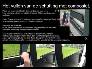 Het vullen van de schutting met composiet.
Plaats het eerste rabat top (1) deel met de groef naar boven
In de schutting, schroef het rabatdeel vast op 180 cm van bovenkant
paal vast.
Plaats 7 rabat tand groef (2) delen op het top deel. (hoeveelheid Rabat delen
afhankelijk van type schutting 9 of 6 delen opvulling)
Doe dit bij alle schermen.
Bij het vastschroeven van de rabatdelen zorg je meteen dat alle palen
Waterpas, daardoor zullen ze gefixeerd worden.
Zaag nu alle u profielen (3) op maat tussen de verticale u profielen
die tegen de palen gemonteerd zitten, daar komt het composiet in te staan.
Als de u profielen geplaatst zijn boor dan in de rug van het u profiel 4 x een
gat van 5 mm in het u profiel voor afwatering. Het gat zal onder de composiet wegvallen.
(1)
(2)
(3)
 
