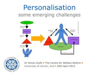 Personalisation
some emerging challenges




  Dr Simon Duffy ￭ The Centre for Welfare Reform ￭
  University of Lincoln, Hull ￭ 20th April 2012
 