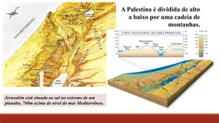 A Palestina é dividida de alto
a baixo por uma cadeia de
montanhas.
Jerusalém está situada ao sul no extremo de um
planalto, 760m acima do nível do mar Mediterrâneo.
 
