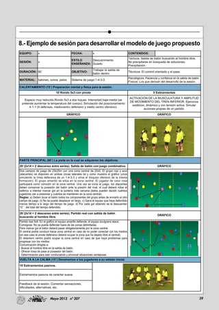 59Mayo-2013 nº 207
8.- Ejemplo de sesión para desarrollar el modelo de juego propuesto
EQUIPO: x FECHA: x CONTENIDOS:
SESIÓN: x
ESTILO
ENSEÑANZA:
Descubrimiento
Guiado
Tácticos: Salida de balón buscando al hombre libre.
No precipitarse en búsqueda de soluciones.
Precipitación.
DURACIÓN: 90´ OBJETIVO:
Trabajar la salida de
balón dentro
Técnicos: El control orientado y el pase.
MATERIAL: balones, conos, petos Sistema de juego 1-4-3-3.
Psicológicos: Paciencia y confianza en la salida de balón.
Físicos: Los que derivan del desarrollo de la sesión.
CALENTAMIENTO (15´) Preparación mental y física para la sesión.
10´Rondo 5x3 con pivote 5´Estiramientos
Espacio muy reducido.Rondo 5x3 a dos toques. Intensidad baja-media (se
pretende aumentar la temperatura del cuerpo). Simulación del posicionamiento
4-1-1 (4 defensas, mediocentro defensivo y medio centro ofensivo).
ACTIVACIÓN DE LA MUSCULATURA Y AMPLITUD
DE MOVIMIENTO DEL TREN INFERIOR. Ejercicios
estáticos, dinámico y con tensión activa. Simular
acciones propias de un partido.
GRÁFICO GRÁFICO
PARTE PRINCIPAL (60´) La parte en la cual se adquieren los objetivos.
28´(2x14 + 2´descanso entre series). Salida de balón con juego combinativo. GRÁFICO
Dos campos de juego de 20x25m con una zona central de 20x5. El grupo rojo y azul
(atacantes) se disponen en ambas zonas laterales tal y como muestra el gráfico (unos
simulando la línea defensiva de un 1-4-3-3 y otros el bloqueo ofensivo de la misma
formación). El grupo amarillo se sitúa en la zona central. El jugador de color rosa
participará como comodín en la zona central. Una vez se inicia el juego, los atacantes
deben conservar la posesión del balón ante la presión del rival, el cual deberá robar el
esférico e intentar marcar gol en la portería más cercana (éstos pueden decidir cuántos
jugadores van a presionar y cuántos se mantienen en la zona central).
Reglas: a) Deben tocar el balón todos los componentes del grupo antes de enviarlo al otro
campo de juego. b) No se puede desplazar en largo. c) Gana el equipo que haya defendido
menos tiempo a lo largo del tiempo de juego. d) Por cada gol obtenido se la descuentan
10´´ del total del tiempo defendido.
28´(2x14 + 2´descanso entre series). Partido real con salida de balón
buscando al hombre libre.
GRÁFICO
Partido real 9x9. En el gráfico el equipo amarillo defiende, el equipo azulgrana ataca.
Consignas: No se puede defender fuera de las zonas delimitadas.
Para marcar gol el balón deberá pasar obligatoriamente por la zona central.
El central podrá conducir hacia zona central en caso de no poder conectar con los medios
(en ese caso el pivote defensivo deberá ocupar la zona que ha dejado libre el central).
El delantero centro podrá ocupar la zona central en caso de que haya problemas para
progresar con los medios.
Comunicación dirigida a:
- Buscar el hombre libre en la salida de balón.
- Ofrecer línea de pase al poseedor del balón.
- Determinación para salir conduciendo y provocar situaciones ventajosas.
VUELTA A LA CALMA (15´) Devolvemos a los jugadores a su estado inicial.
10´Estiramientos pasivos.
Estiramientos pasivos de carácter suave.
Feedback de la sesión. Comentar sensaciones,
dificultades, alternativas, etc.
 