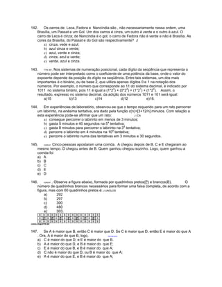 142. Os carros de Leca, Fedora e Nancíndia são , não necessariamente nessa ordem, uma
Brasília, um Passat e um Gol. Um dos carros é cinza, um outro é verde e o outro é azul. O
carro de Leca é cinza; de Nancindia é o gol; o carro de Fedora não é verde e não é Brasília. As
cores da Brasília, do Passat e do Gol são respectivamente? J
a) cinza, vede e azul;
b) azul cinza e verde;
c) azul, verde e cinza;
d) cinza, azul e verde;
e) verde, azul e cinza.
143. TTN /97. Nos sistemas de numeração posicional, cada dígito da seqüência que representa o
número pode ser interpretado como o coeficiente de uma potência da base, onde o valor do
expoente depende da posição do dígito na seqüência. Entre tais sistemas, um dos mais
importantes é o binário, ou de base 2, que utiliza apenas dígitos 0 e 1 na notação dos
números. Por exemplo, o número que corresponde ao 11 do sistema decimal, é indicado por
1011 no sistema binário, pois 11 é igual a (1*23
) + (0*22
) + (1*21
) + (1*20
). Assim, o
resultado, expresso no sistema decimal, da adição dos números 1011 e 101 será igual:
a)15 b)13 c)14 d)12 e)16.
144. Em experiências de laboratório, observou-se que o tempo requerido para um rato percorrer
um labirinto, na enésima tentativa, era dado pela função c(n)=[3+12/n] minutos. Com relação a
esta experiência pode-se afirmar que um rato: J /CN
a) consegue percorrer o labirinto em menos de 3 minutos;
b) gasta 5 minutos e 40 segundos na 5a
tentativa;
c) gasta 8 minutos para percorrer o labirinto na 3a
tentativa;
d) percorre o labirinto em 4 minutos na 10a
tentativa;
e) percorre o labirinto numa das tentativas em 3 minutos e 30 segundos.
145. ICMS/97. Cinco pessoas apostaram uma corrida. A chegou depois de B. C e E chegaram ao
mesmo tempo. D chegou antes de B. Quem ganhou chegou sozinho. Logo, quem ganhou a
corrida foi
a) A
b) B
c) C
d) E
e) D
146. ICMS/97 . Observe a figura abaixo, formada por quadrinhos pretos(P) e brancos(B). O
número de quadrinhos brancos necessários para formar uma faixa completa, de acordo com a
figura, mas com 60 quadrinhos pretos é: J UNGLOS
a) 292
b) 297
c) 300
d) 480
e) 303.
B B B B B B B B B B B B B B B
B P B P B P B P B P B P B P B
B B B B B B B B B B B B B B B
JUNGLOS@UFPR.BR
147. Se A é maior que B, então C é maior que D. Se C é maior que D, então E é maior do que A
. Ora, A é maior do que B, logo, ANP/98/JUNG
a) C é maior do que D, e E é maior do que B.
b) A é maior do que D, e B é maior do que E;
c) E é maior do que B, e B é maior do que A;
d) C não é maior do que D, ou B é maior do que A;
e) A é maior do que E, e B é maior do que A;
 