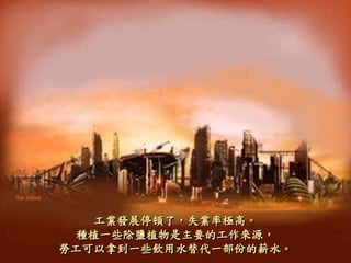 工業發展停頓了，失業率極高。
種植一些除鹽植物是主要的工作來源，
勞工可以拿到一些飲用水替代一部份的薪水。
 