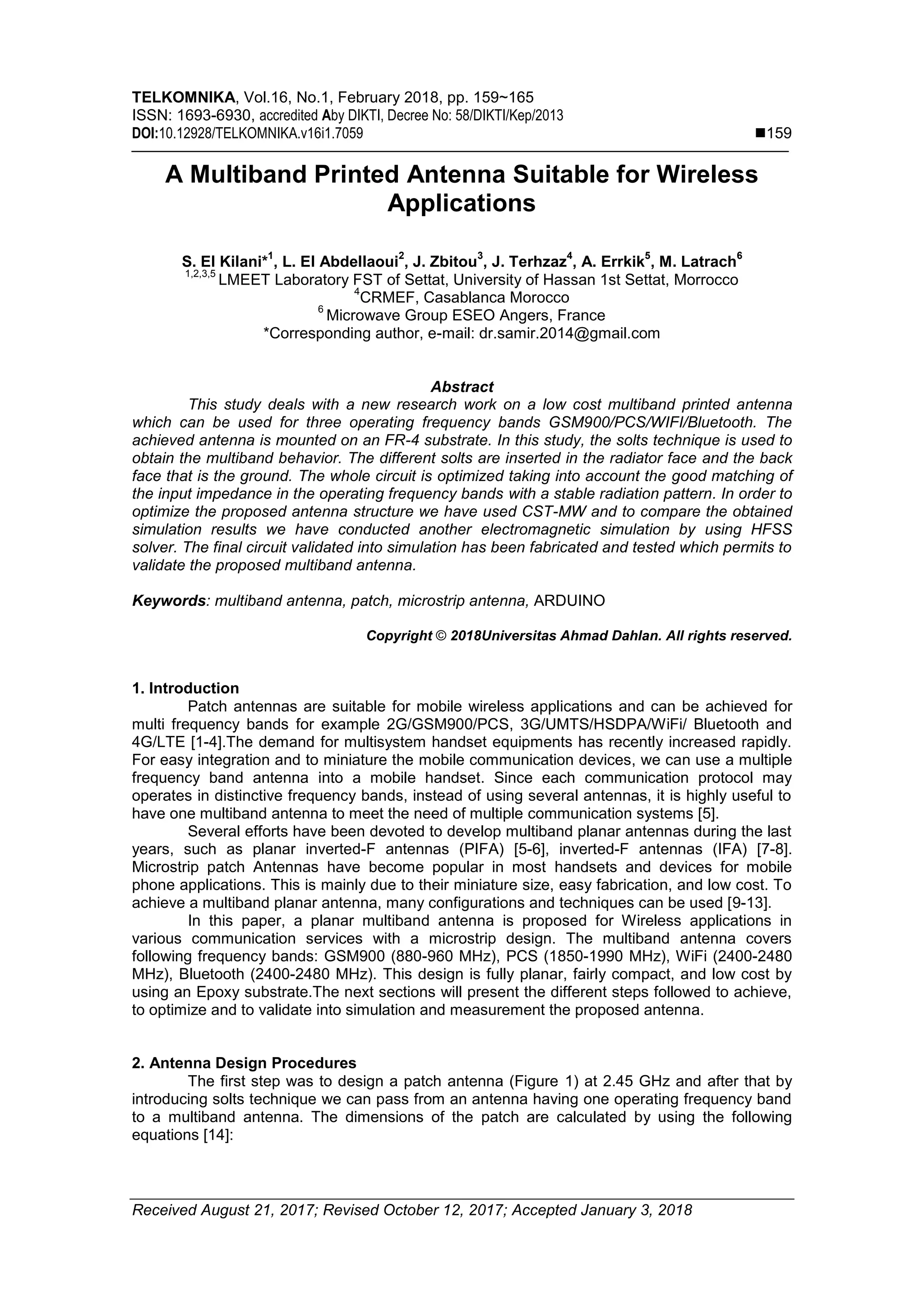 A Multiband Printed Antenna Suitable for Wireless Applications | PDF